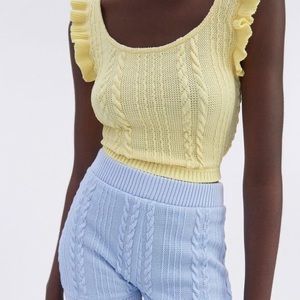Zara yellow ruffled cable knit top